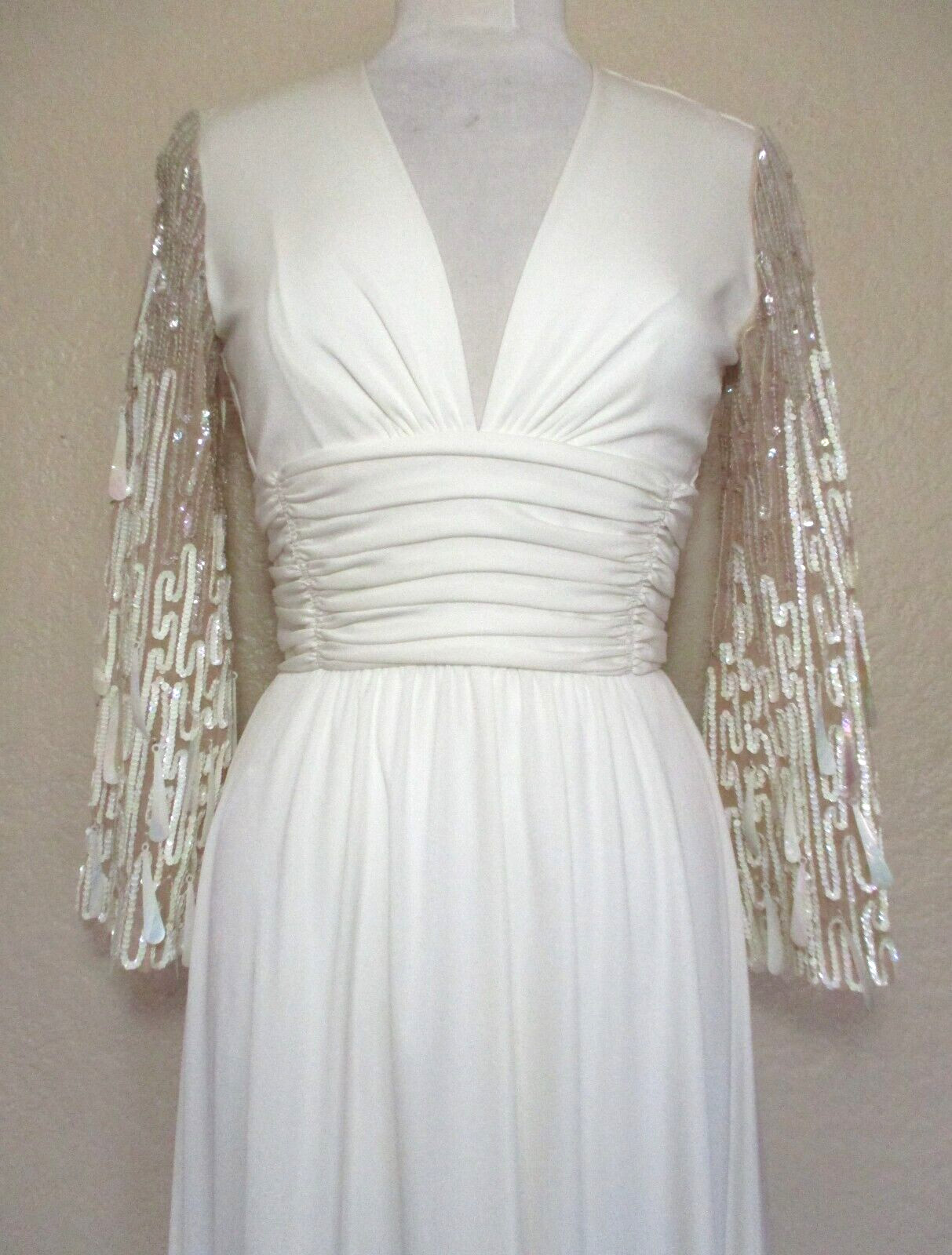 Vtg 70s Lilli Diamond Maxi Dress Gown XS/S Ivory Drop Sequin Statement Sleeves