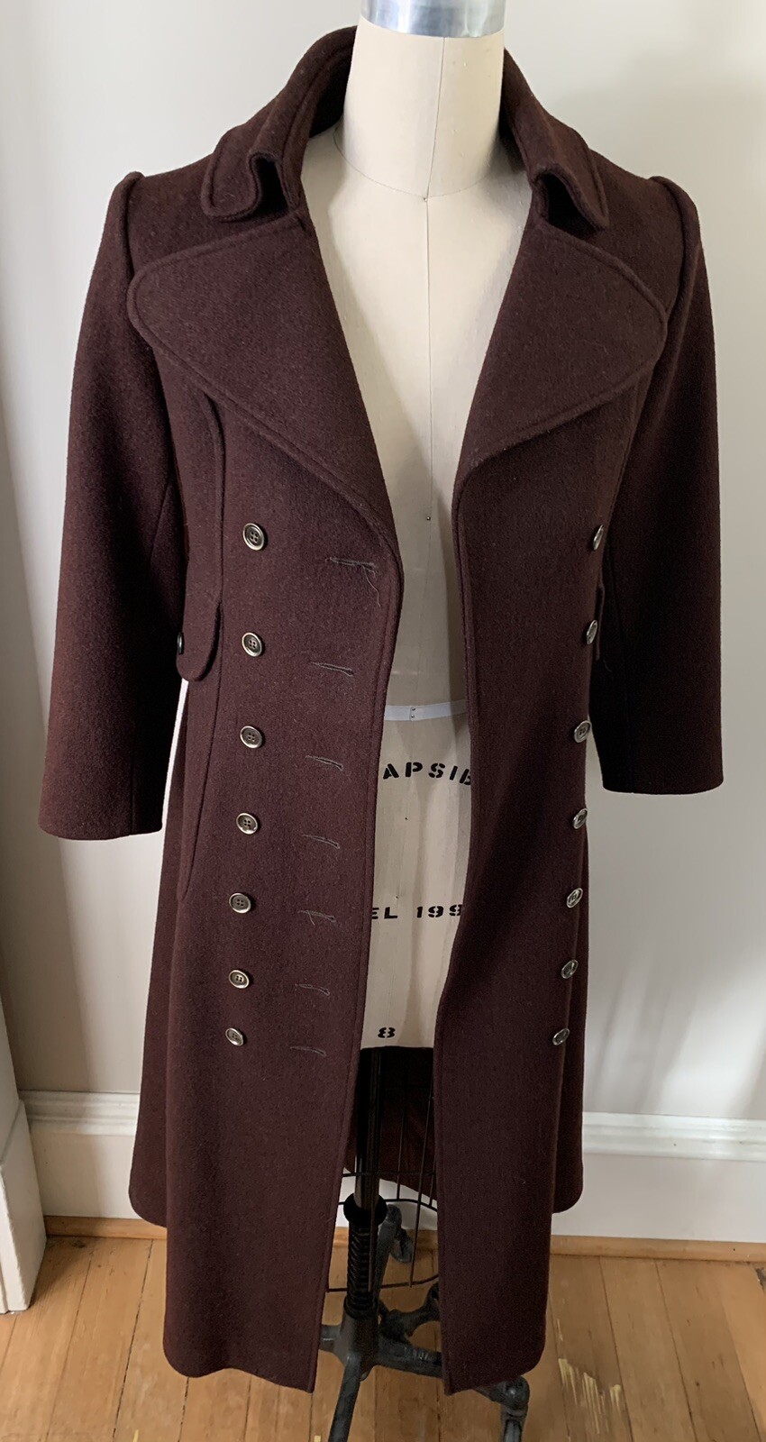 Vintage Womens Wool Double Breasted Long Coat No Size Tag Wine EUC Steam Punk