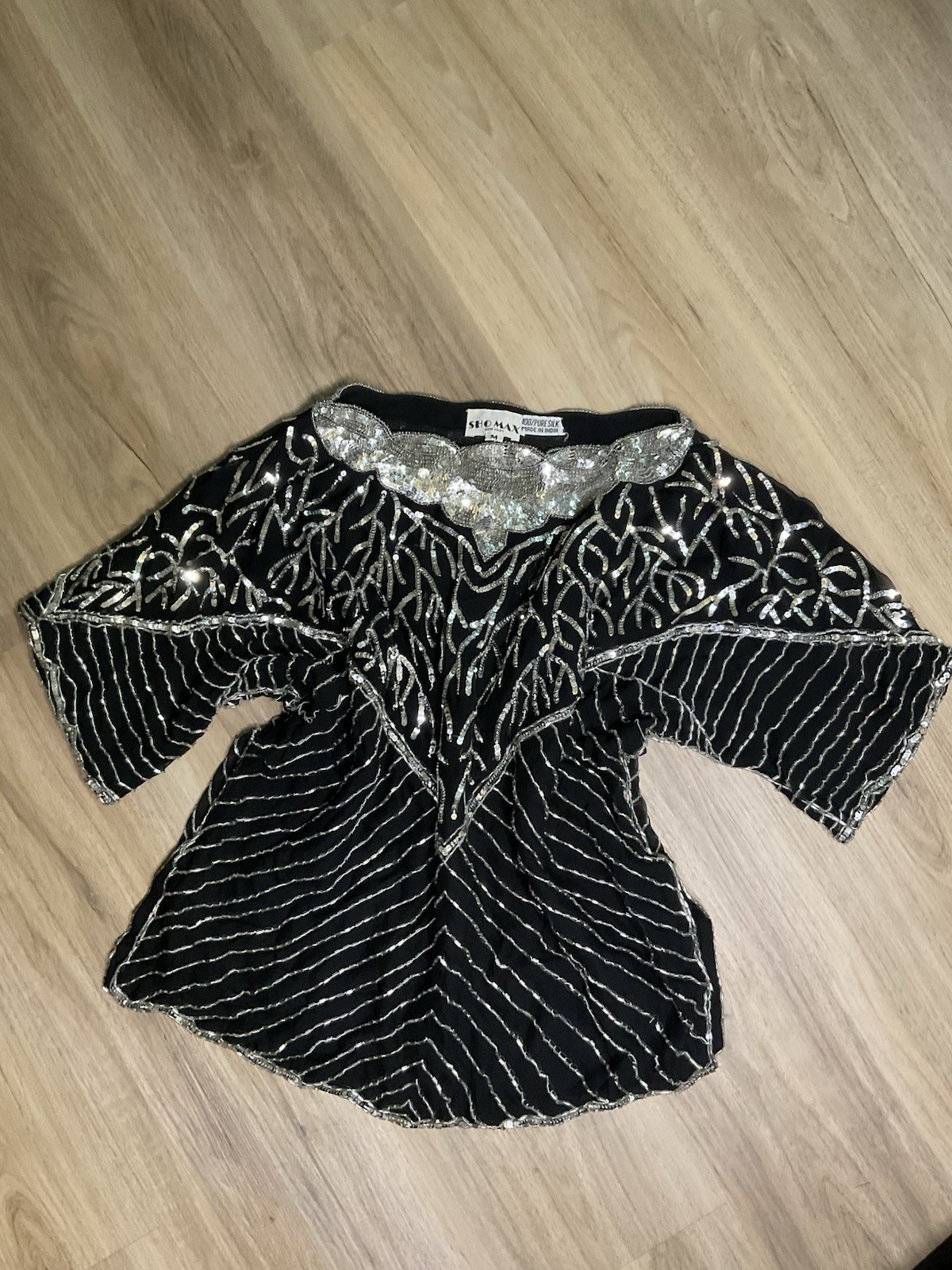 VTG 100% SILK Classic Black Tie Beaded Embroidered Top M Evening Formal Party