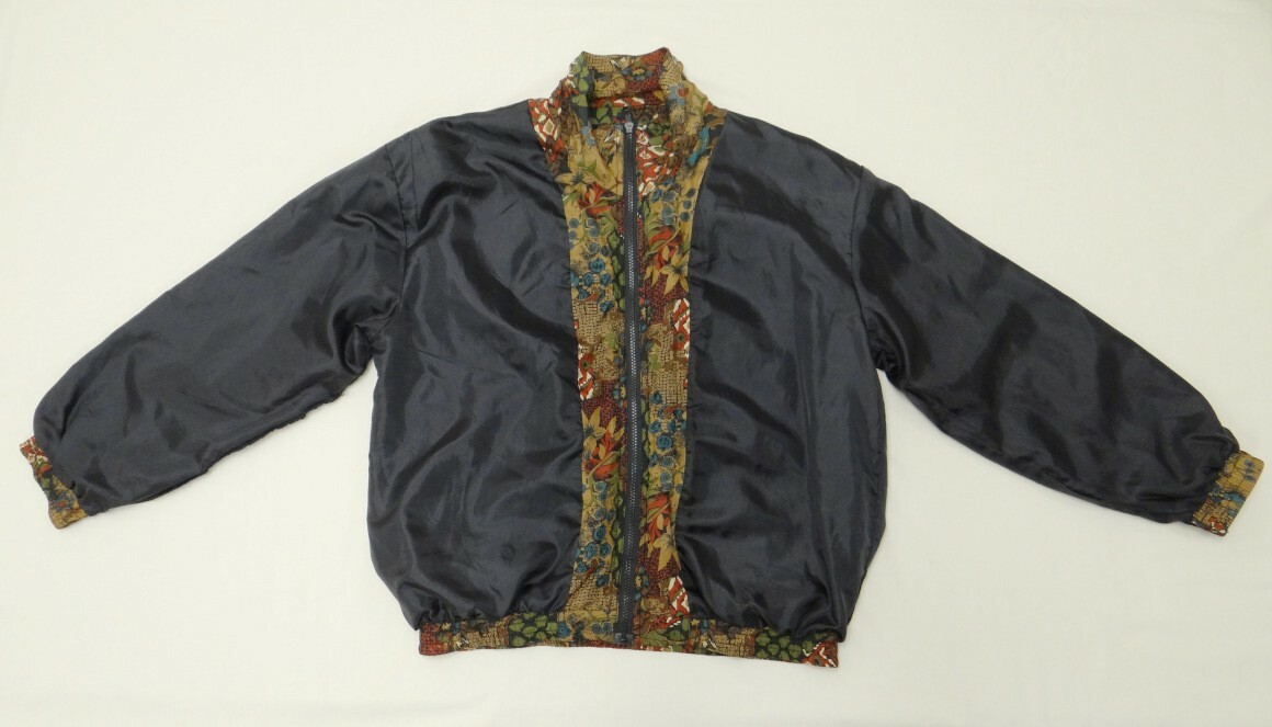 80s Silk Bomber Style Wind Breaker Printed Patchwork Pattern Sz Medium 100% Silk