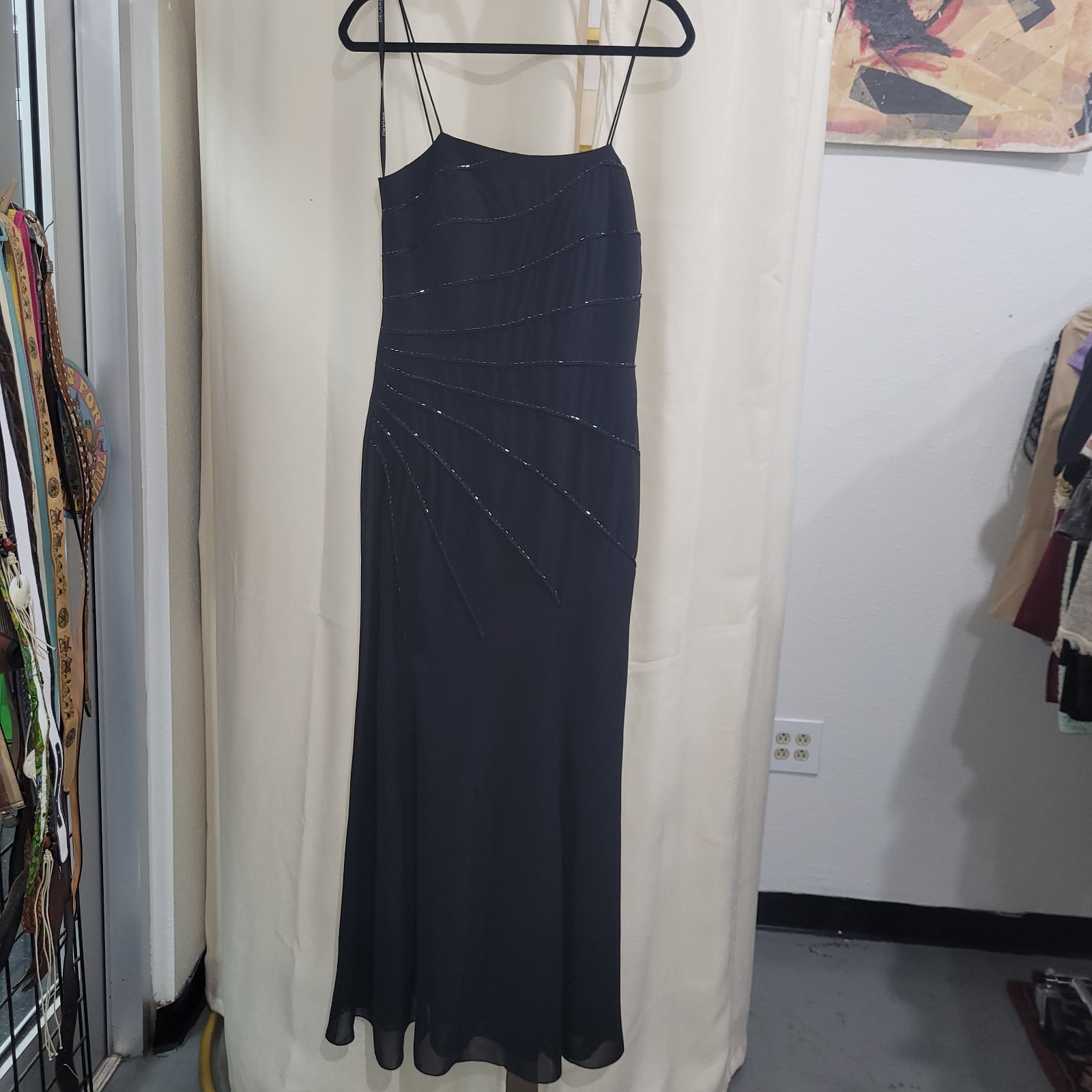 Vintage 90&rsquo;s/Y2K Black Slinky Beaded Chiffon Formal Cocktail Gown
