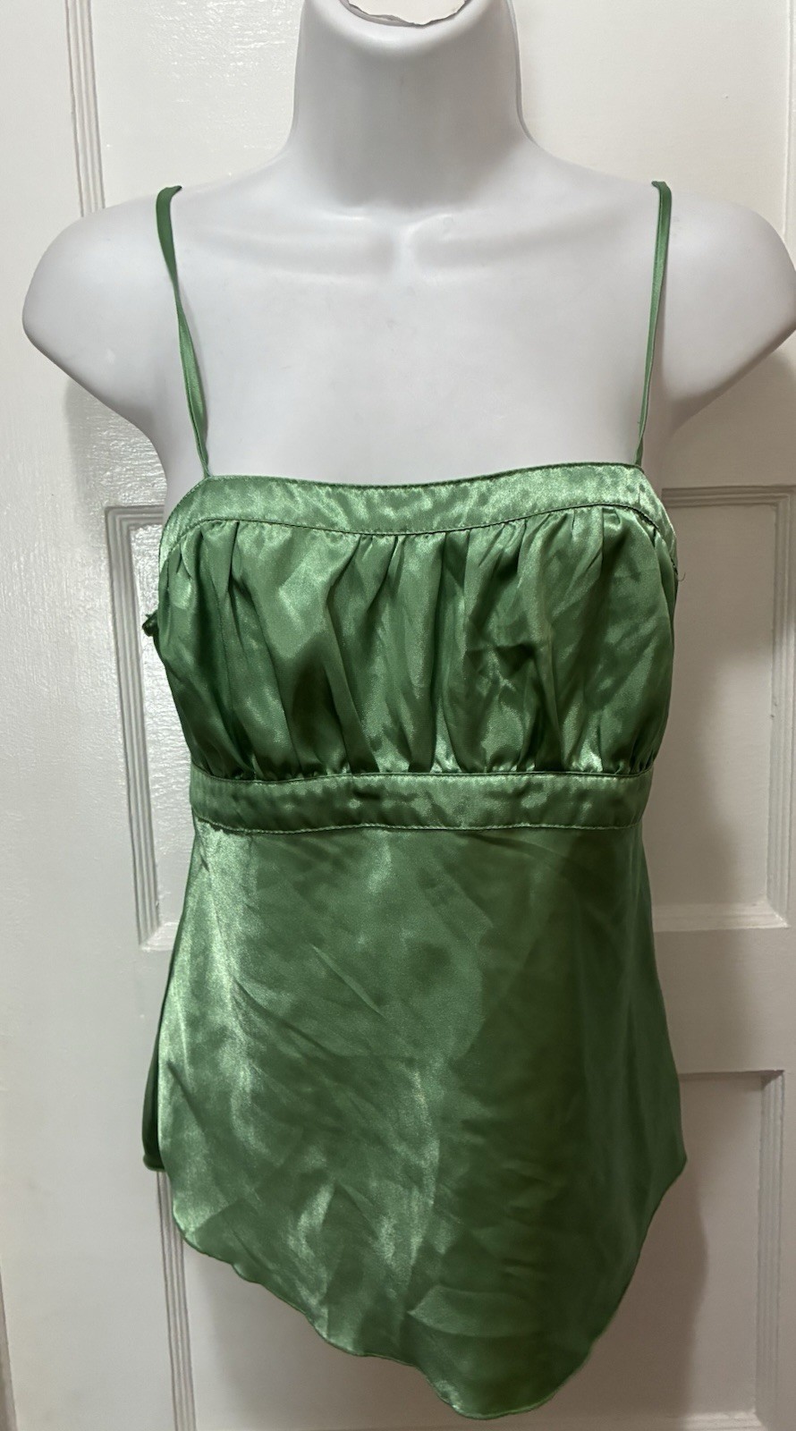 VTG 90s Y2K Top Green Satin Cami Babydoll Tank Tie Back Spaghetti Strap Blouse L