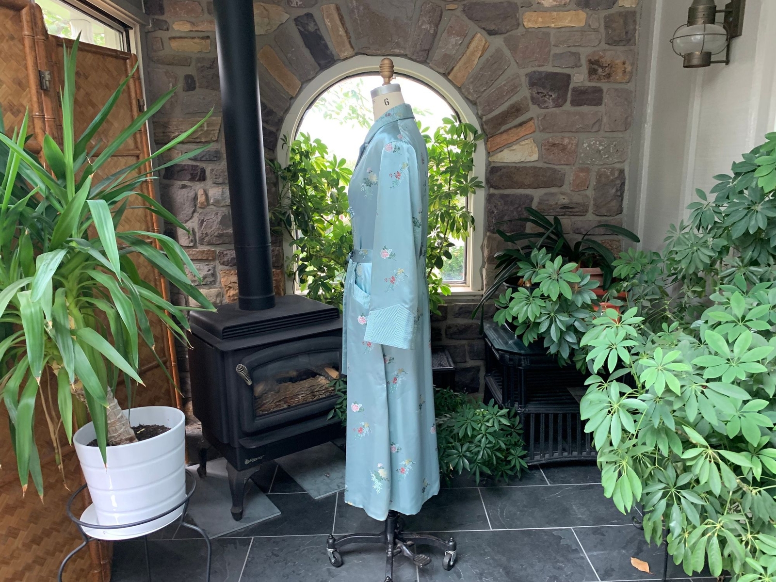 Vintage Light Blue Embossed Floral Rayon Satin Asian Wrap Peony Brand Robe