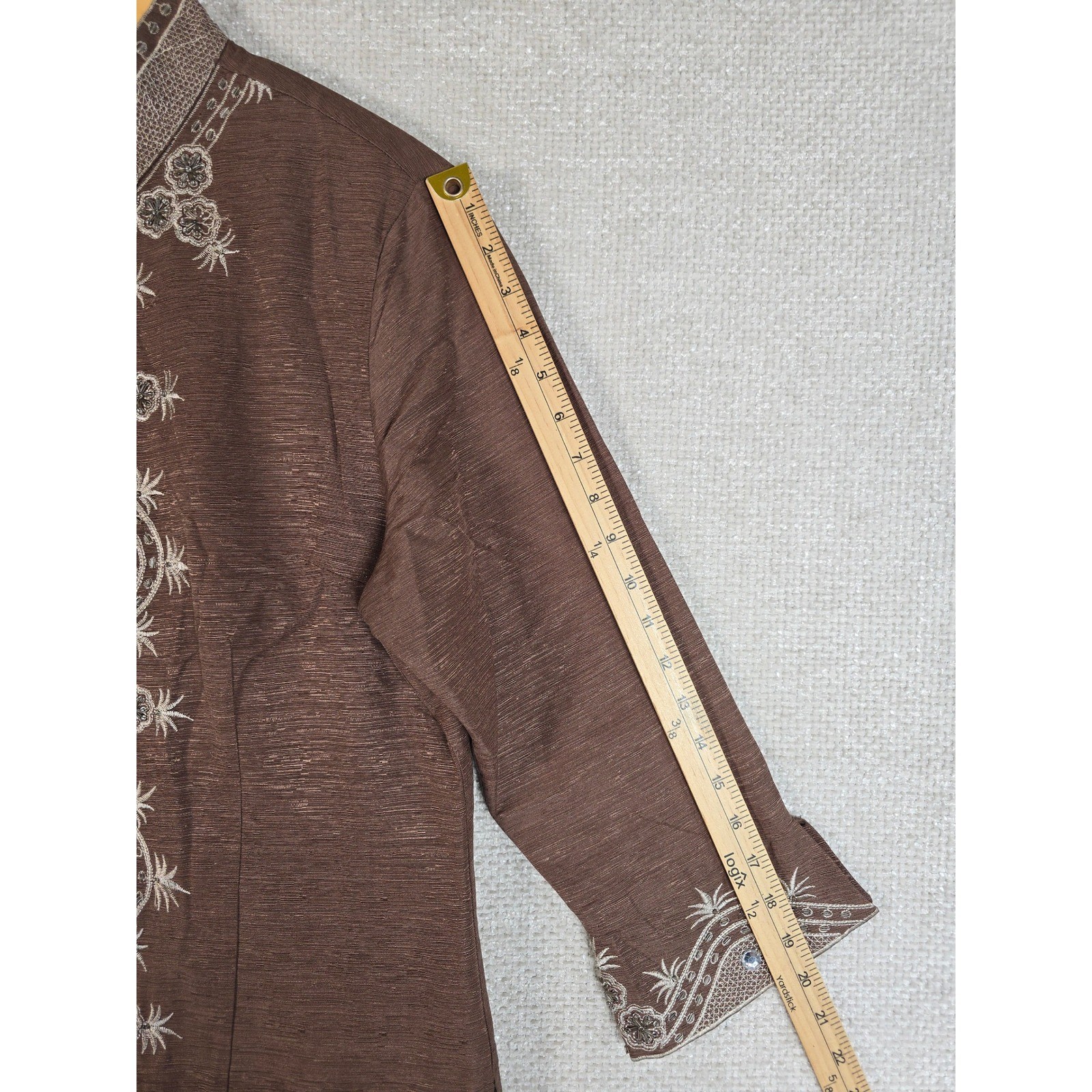 VTG Carole Little Silk Jacket XL Brown Beaded Embroidered Boho Art to Wear Lined