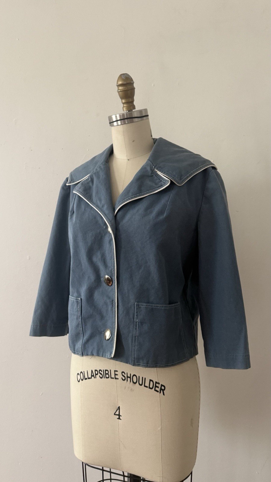 1950s Sailor Collar Cropped Jacket Dusty Blue Rayon Faille Nautical Sportswear