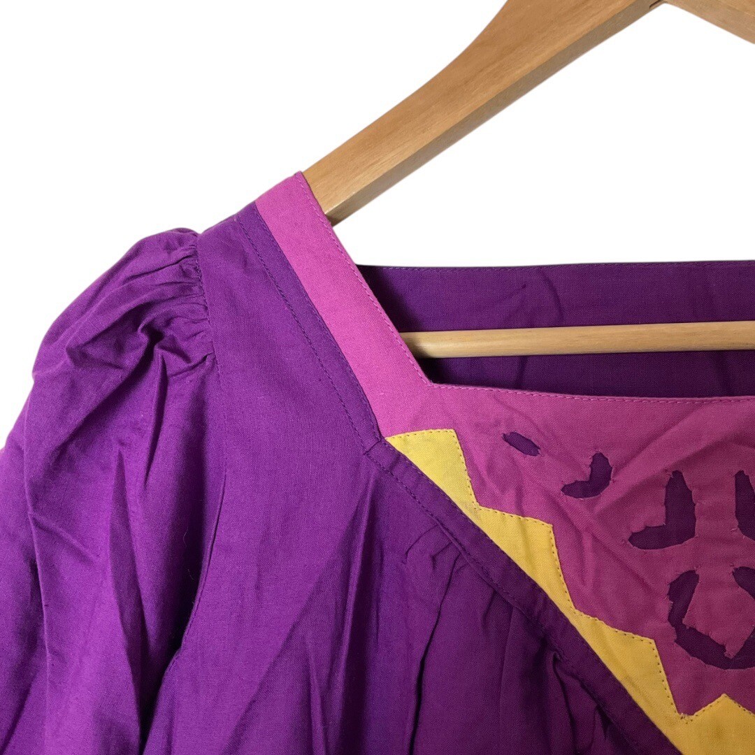 Vintage NWT 70&rsquo;s India Cotton Purple Yellow Embroidered Maxi Bohemian Dress S