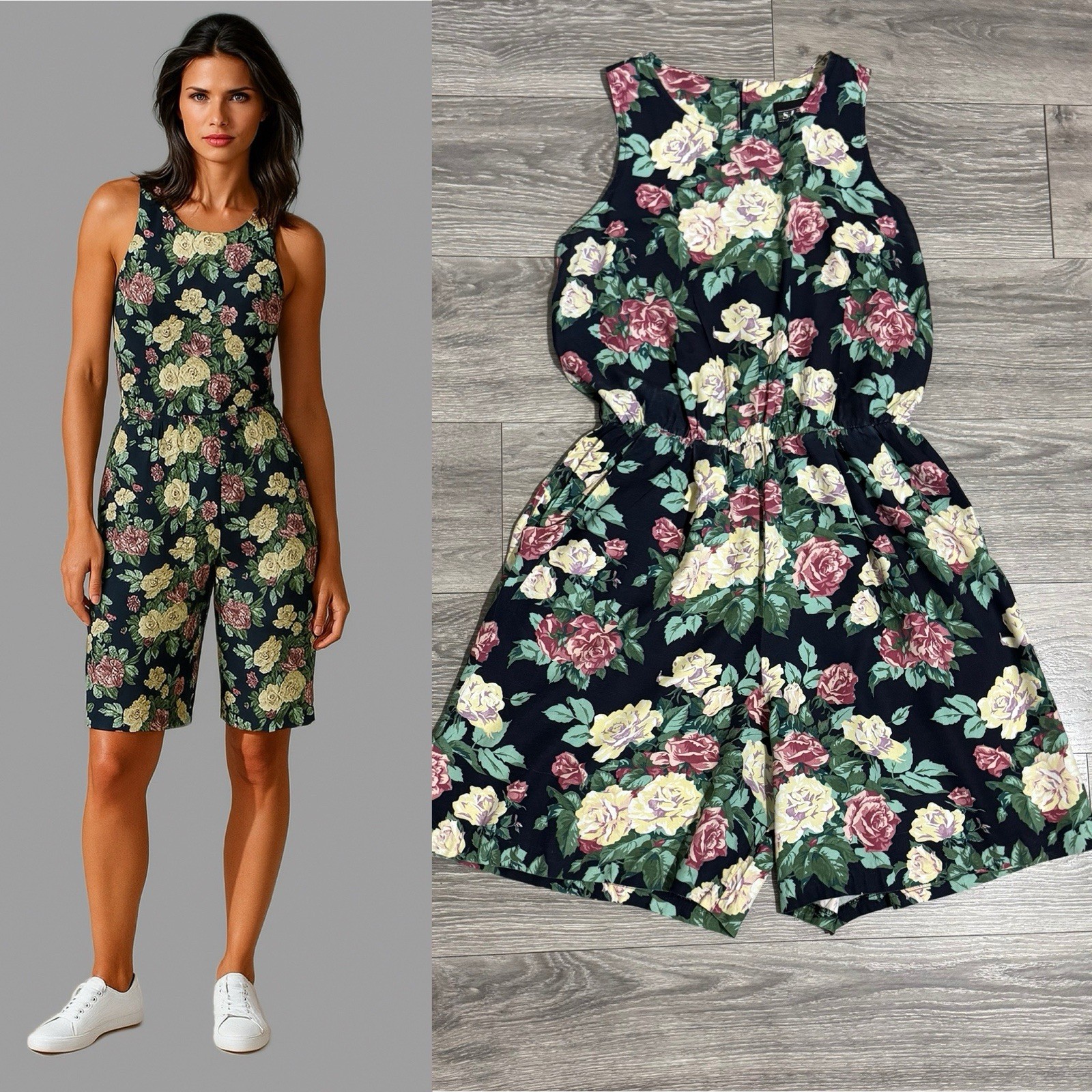 Vintage 90s S.L. Fashions Boho Black Floral Romper Pockets PullOver Sz 10