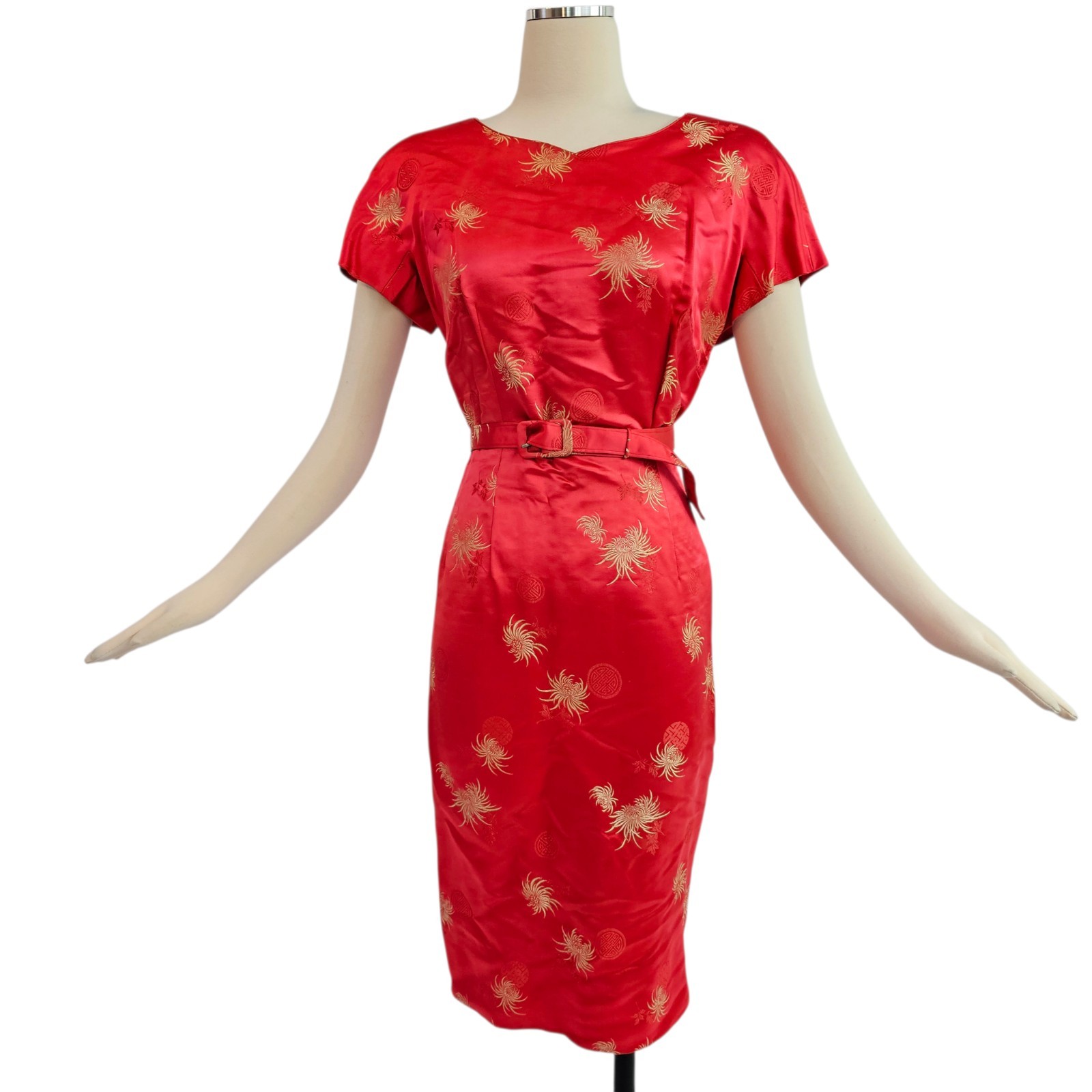 Vintage 1960&rsquo;s Dress Pencil Dress Red Gold Silk Short Sleeve Belt Shift