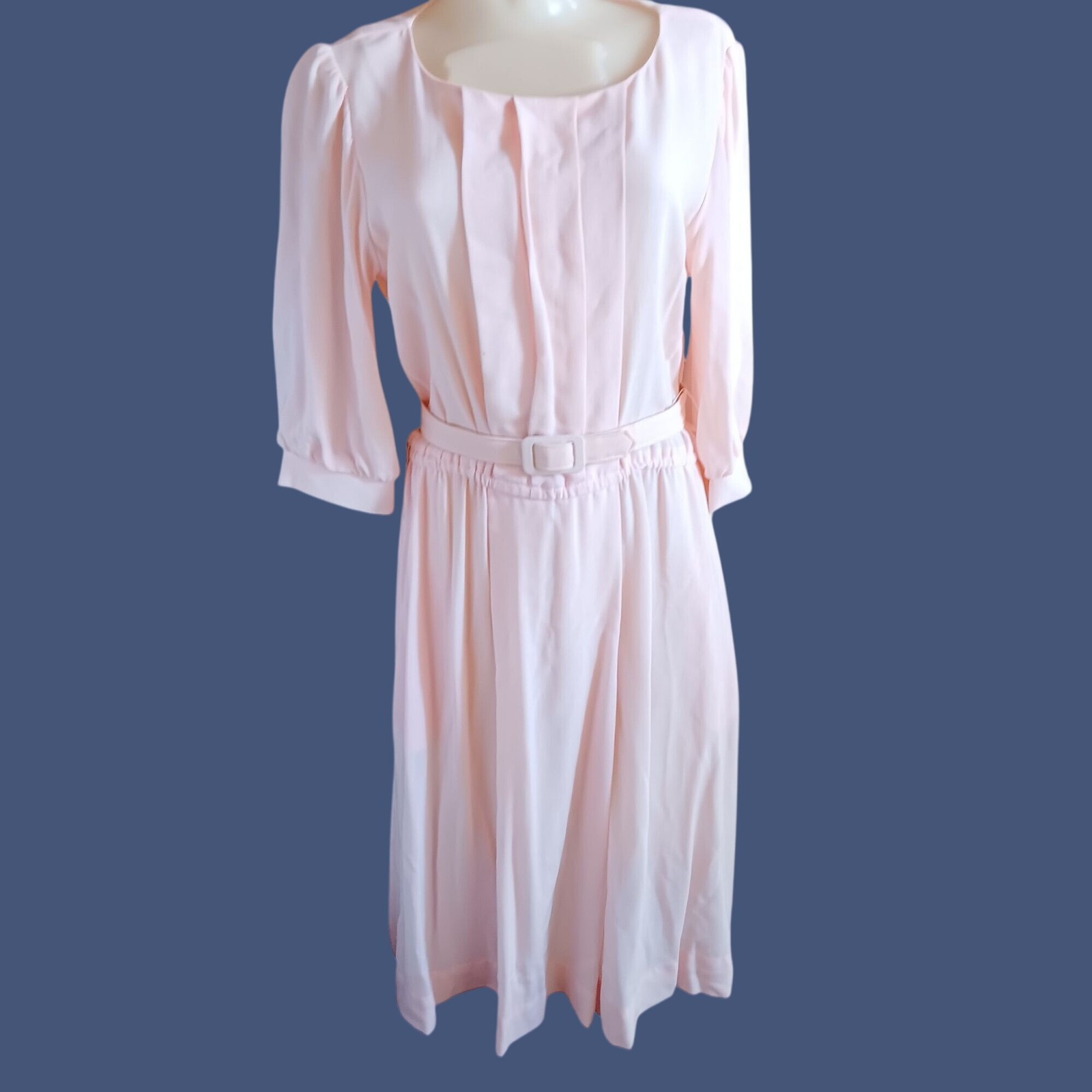 10-P Vintage Dress 1980&rsquo;s EJM Petite Rose Pink Belted Secretary Made In Usa