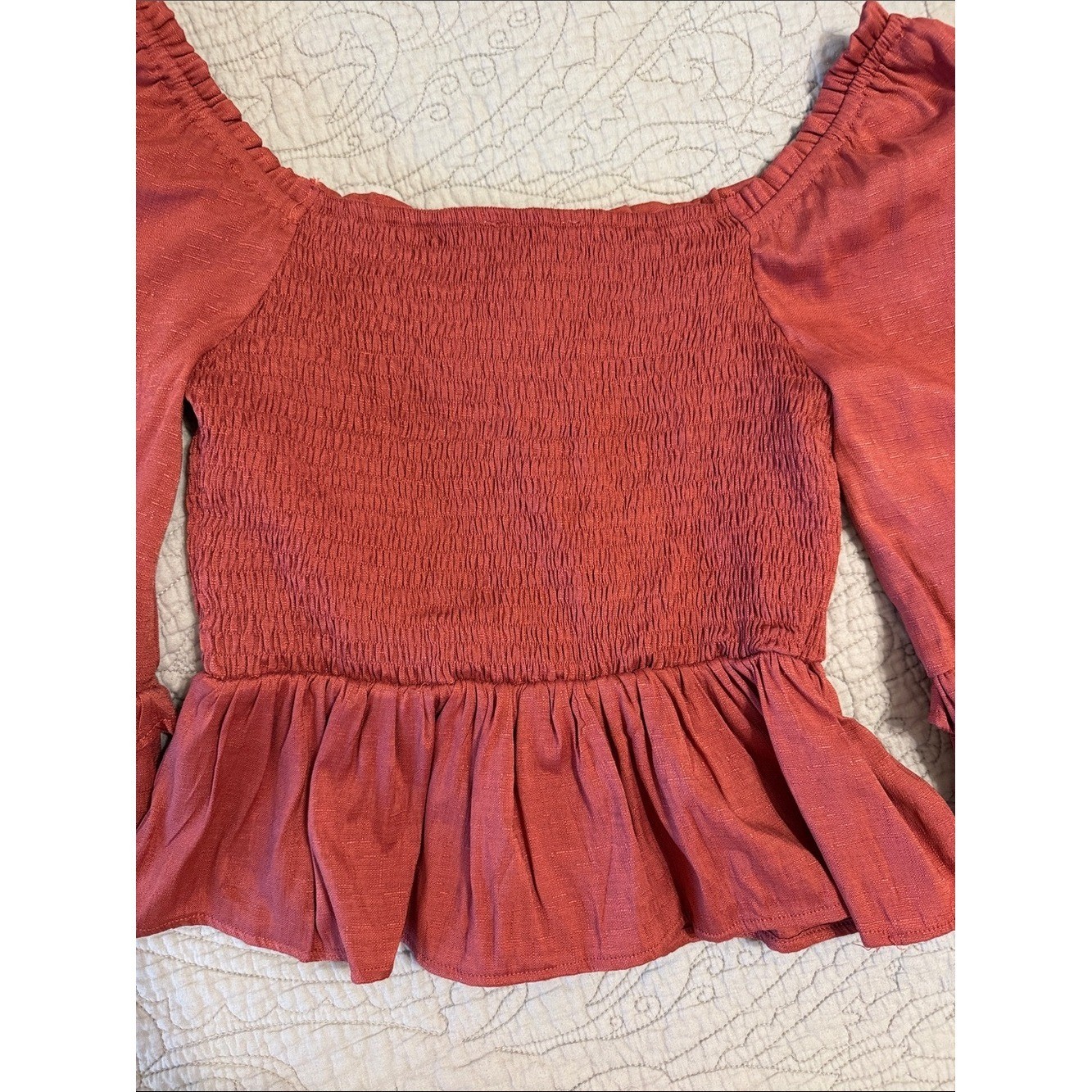 Boho Smocked Peplum Peasant Blouse with Ruffle Bell Sleeves Size M – Rust Rose