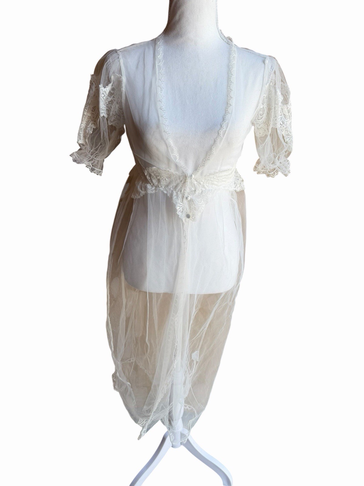 White Sheer Chiffon Peignoir Robe Lace Trim Bridal Wedding Lingerie M bust 34&Prime;