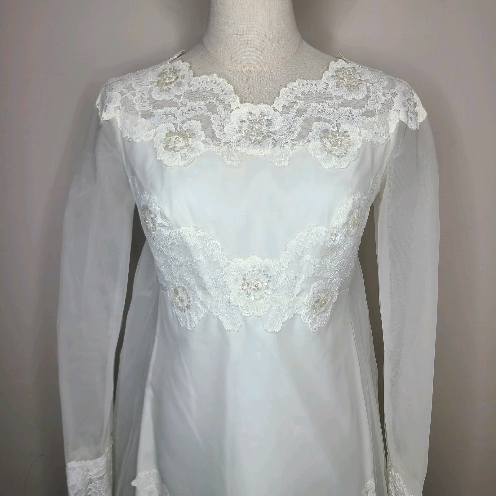 Vintage Union Made 60s Prairie Lace Sequin Empire Waist Wedding Dress Ivory