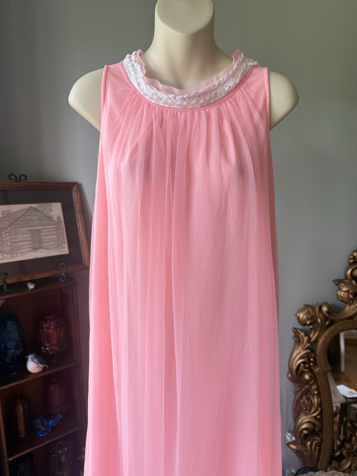 1960s PEACH CHIFFON OVER NYLON DUAL LAYER NEGLIGEE ROUND COLLAR LINGERIE *READ