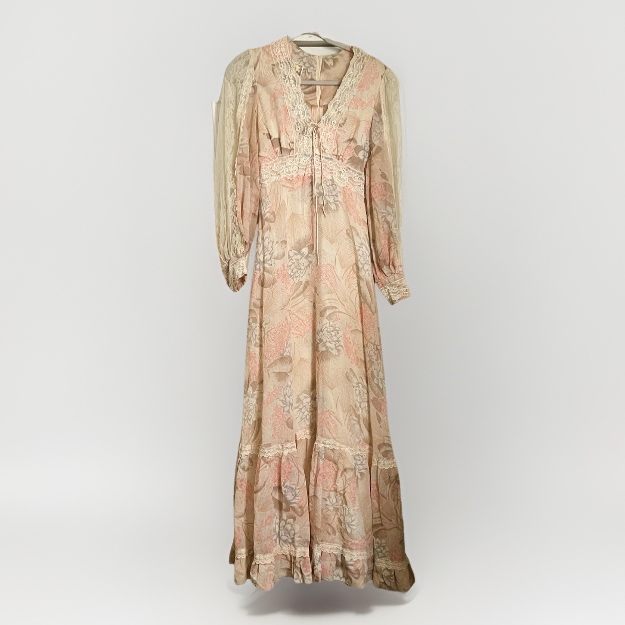 70&rsquo;s Gunne Sax Dress By Jessica Floral Lace Long Maxi Prairie Boho Sz 11 Beige