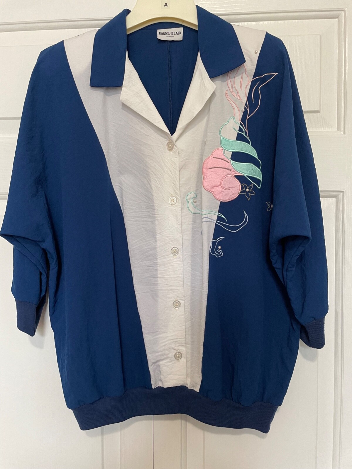 1980&rsquo;s Bonnie Blair L/XL Women Top Blue Retro Sea Shell Gramma VTG Nautical EUC