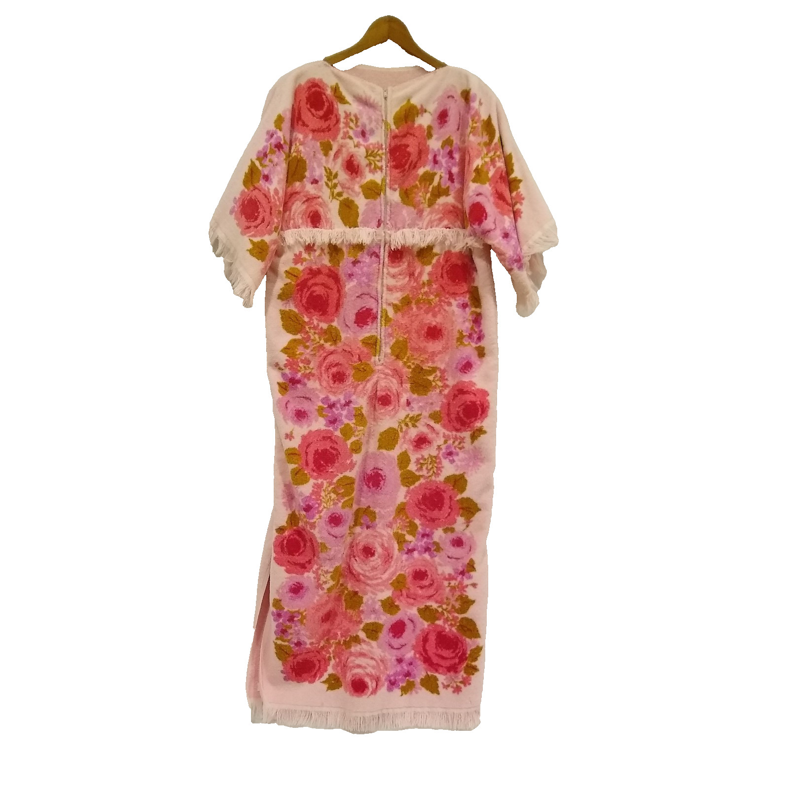 Vintage 70s Terrycloth Towel Dress Coverup Caftan Pink Flowers Fringe S/M READ