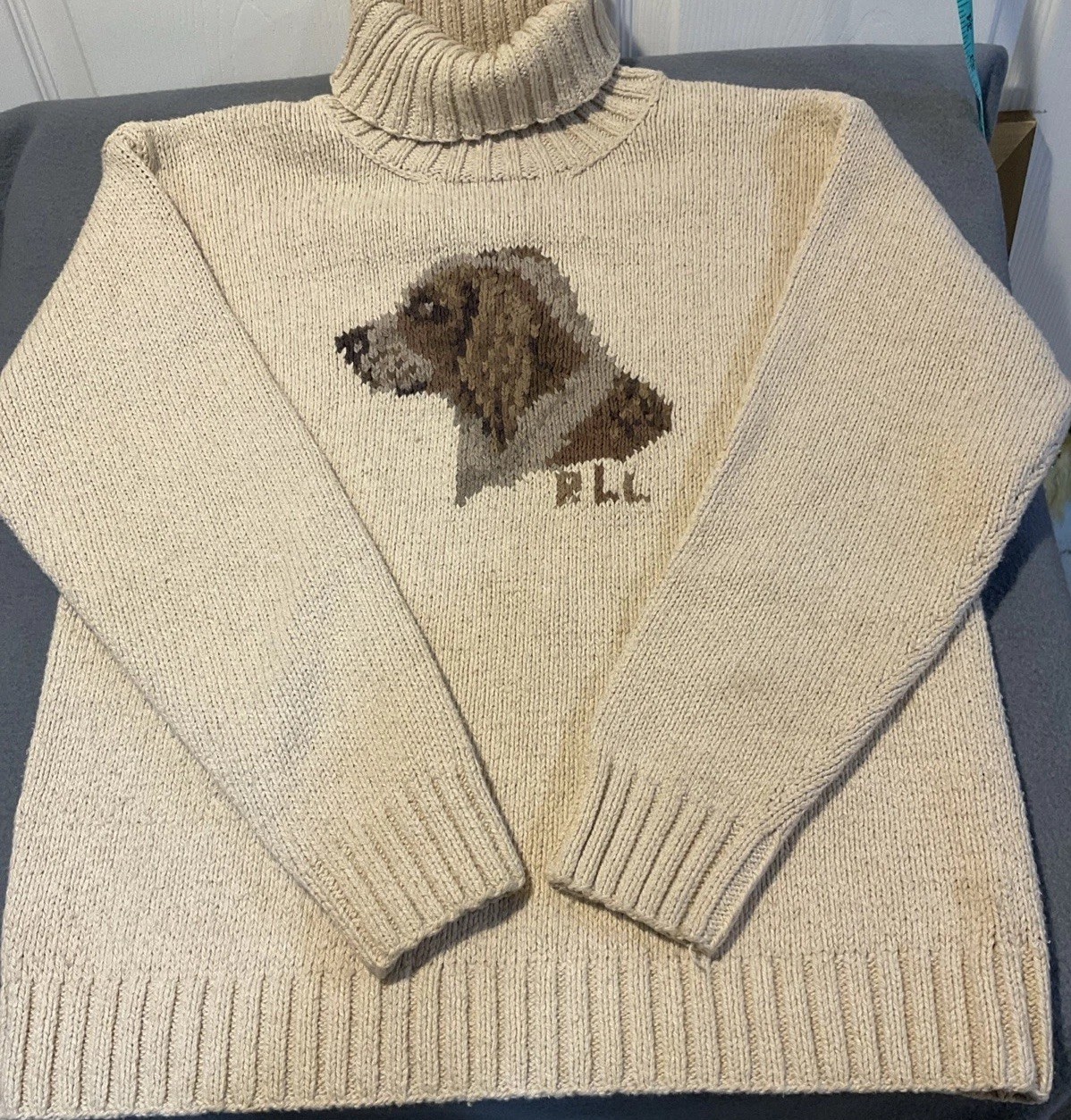 Vintage Ralph Lauren Women&rsquo;s Spaniel Dog Turtleneck Sweater Tan Sz S Great Shape