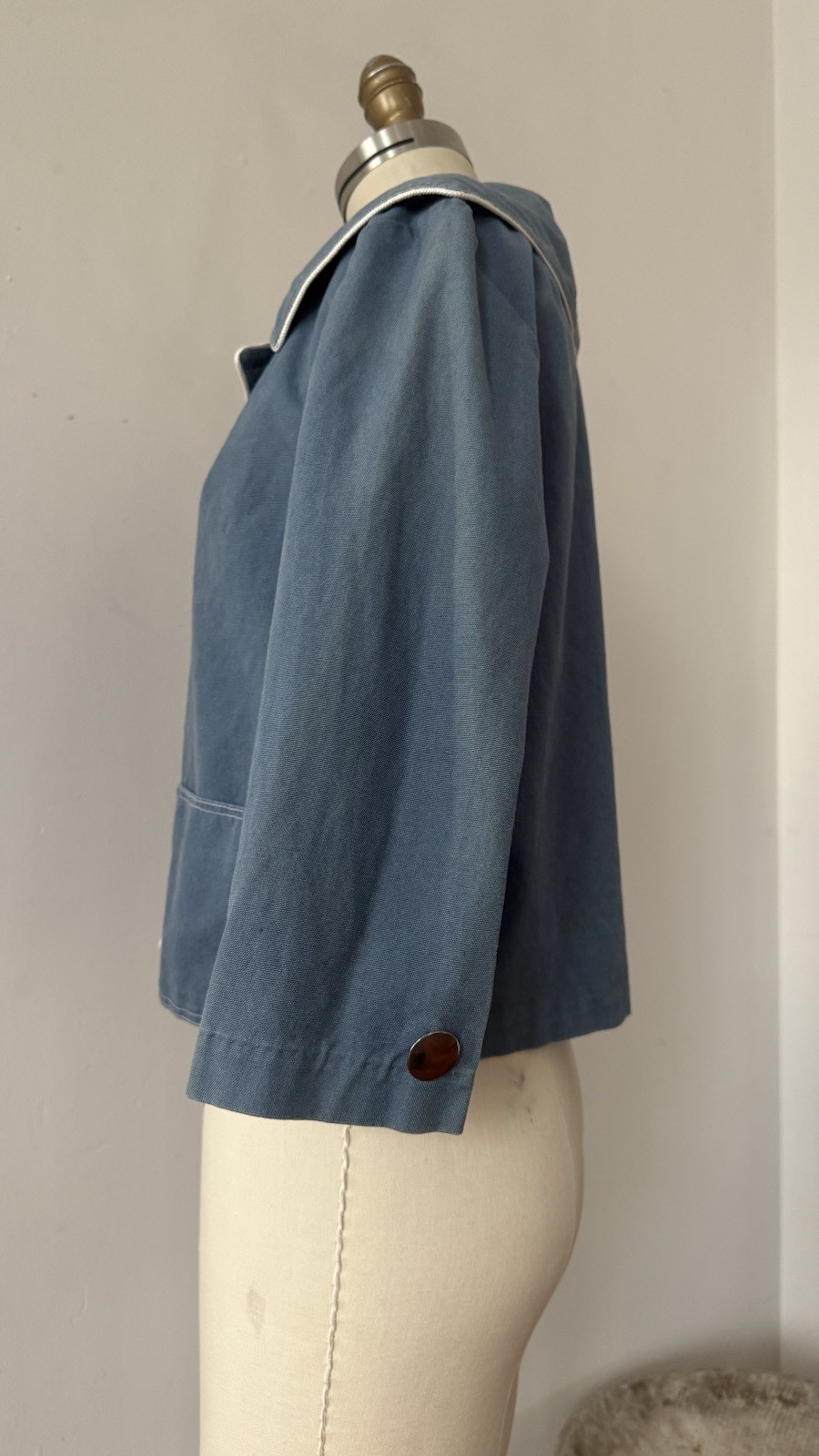 1950s Sailor Collar Cropped Jacket Dusty Blue Rayon Faille Nautical Sportswear