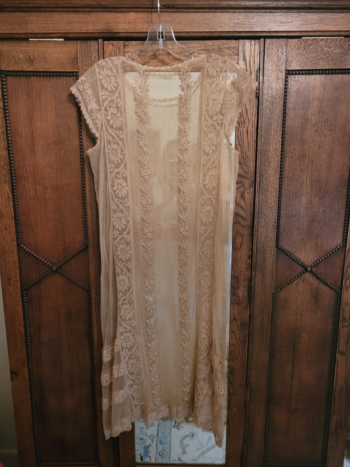 ANTIQUE 1920&rsquo;S BEIGE EMBROIDERED NET LACE DRESS 38 INCH BUST