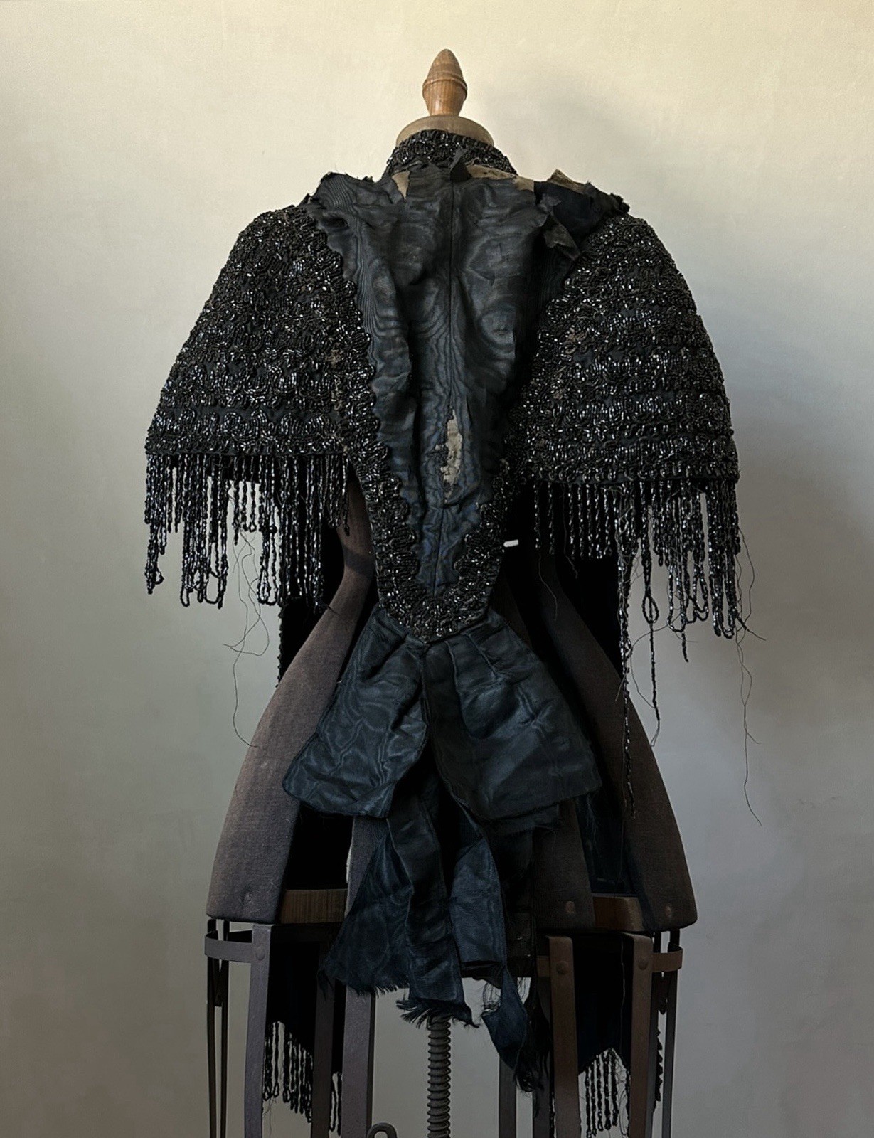 Victorian Antique Mourning Cape Jacket Black Jet Bead Moire Silk As Is