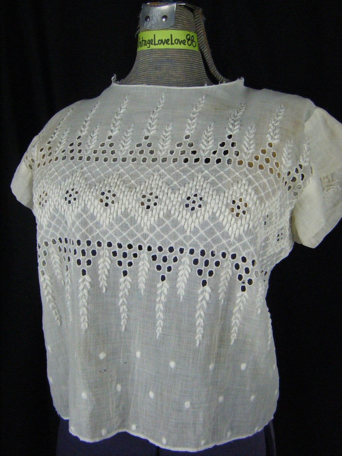 Vtg 60s White Sheer Edwardian Cotton Sleeve Blouse-Bust 38/S, as-is/PROJECT!
