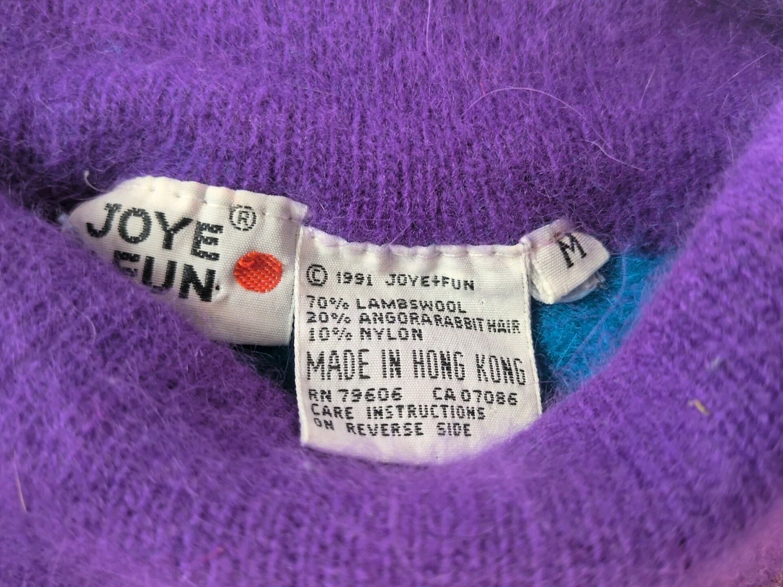 Vintage Wool Sweater Angora Rabbit Fur Abstract Purple 1991 Joy+Fun Hong Kong
