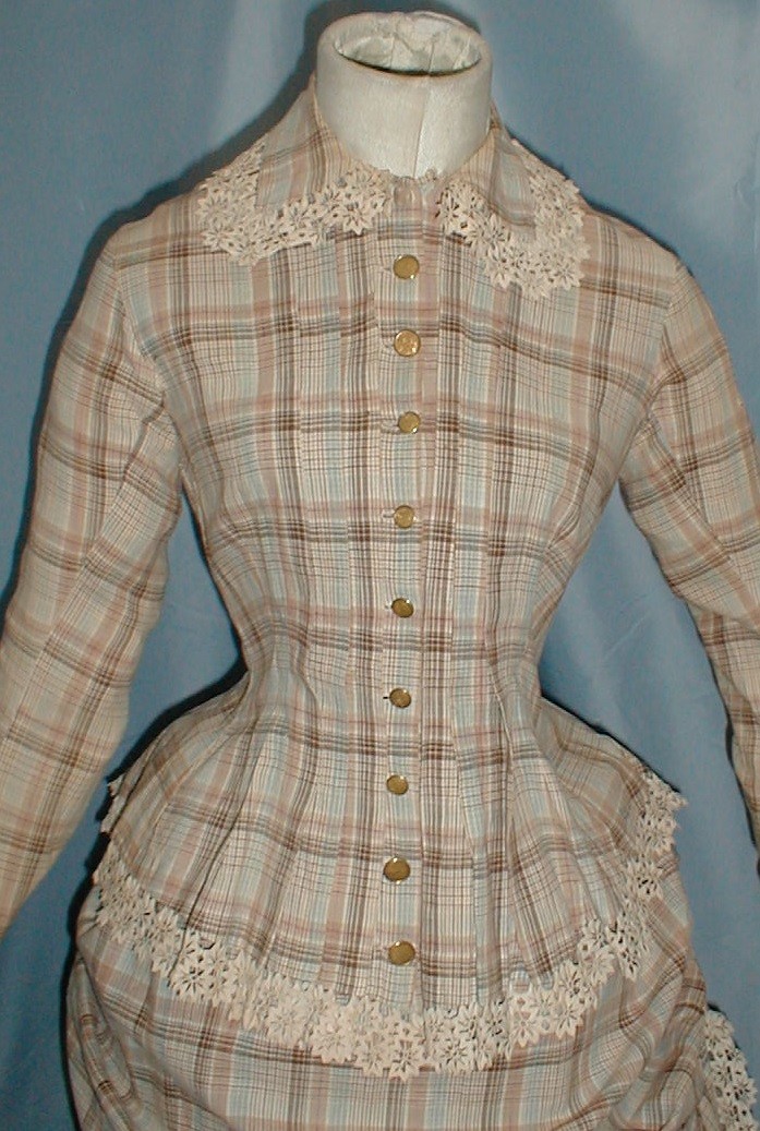 Charming Antique 3 Piece Bustle Dress Victorian 1870 Beige Plaid Cotton