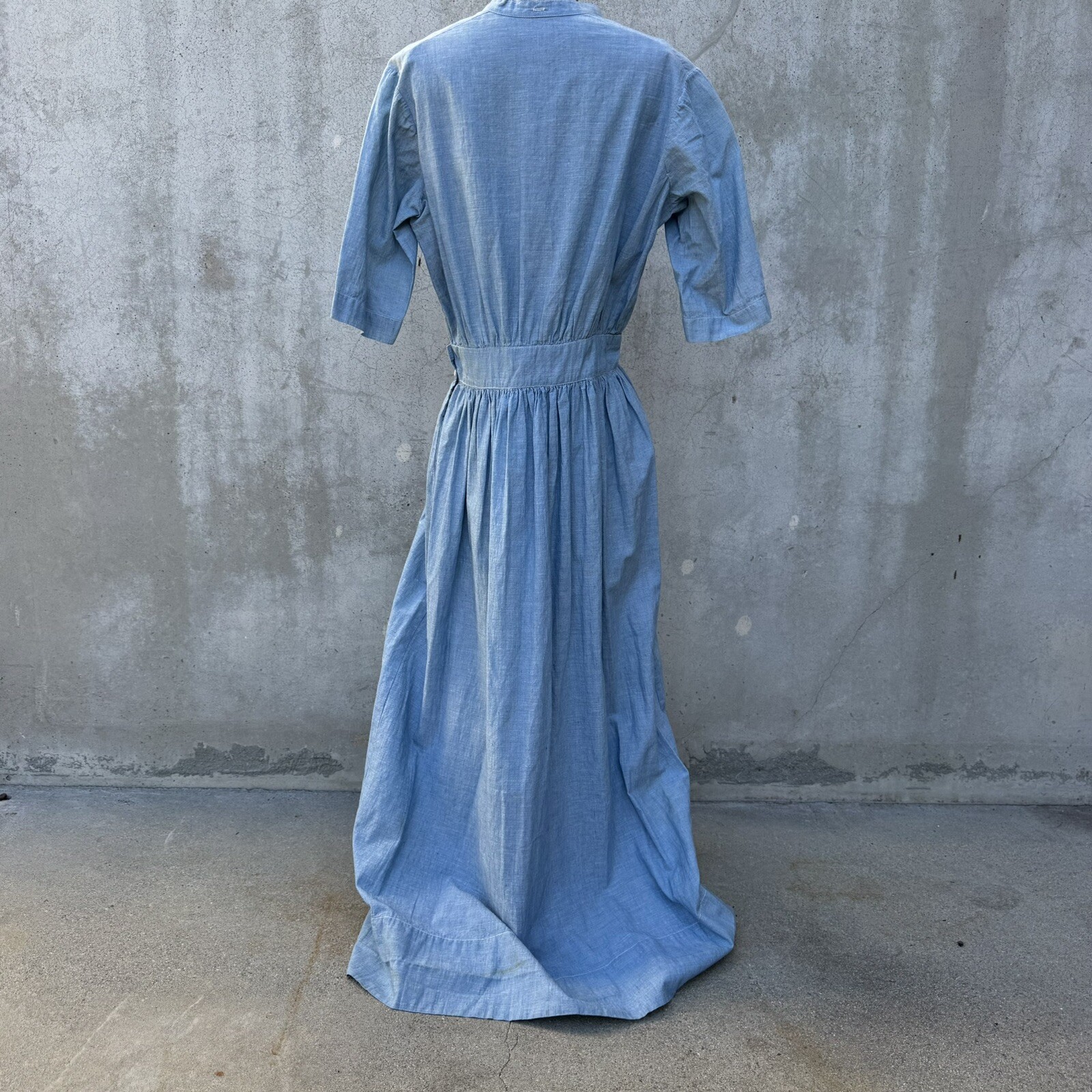 Antique Edwardian Blue Chambray Cotton Dress Workwear Prairie Maxi Vintage