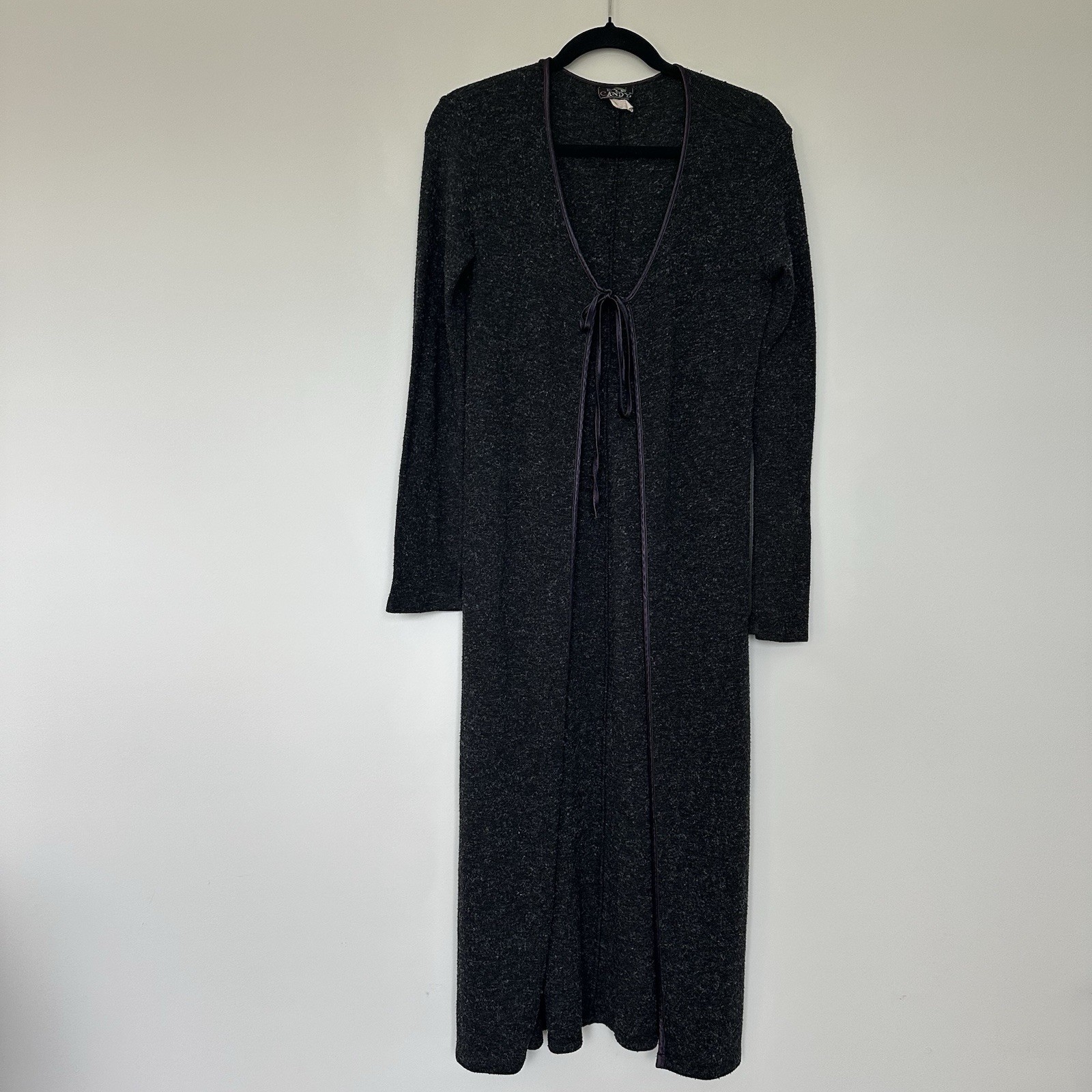 Vintage 90s Eye Candy Size M Black Grey Long Cardigan Duster Tie Front Y2K Cozy