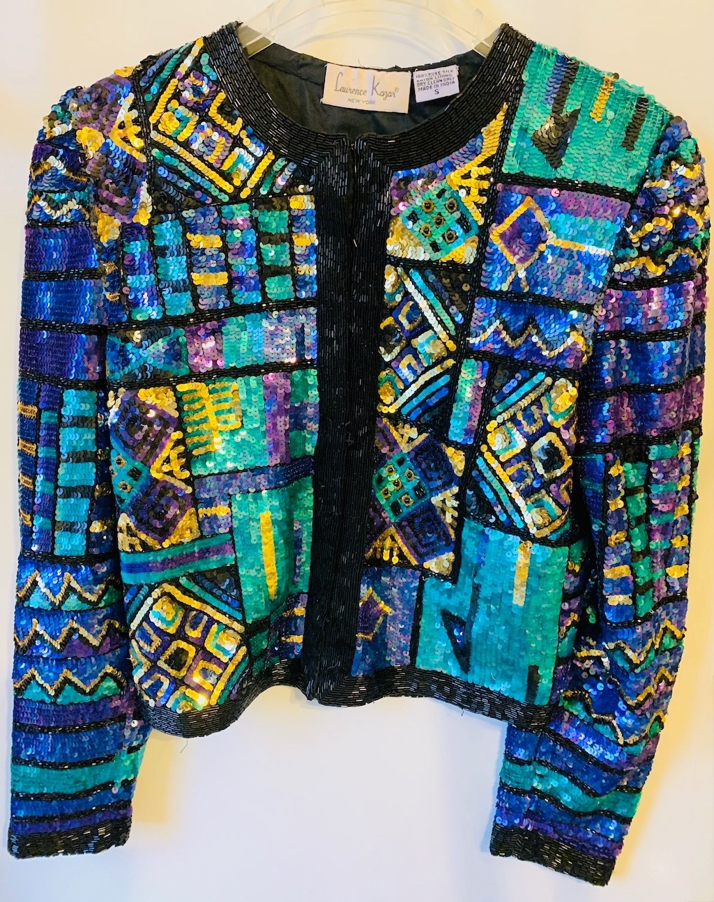 Vintage Jacket Lawrence Kazar Blue Green Silk Sequin Beaded Festival Party SMALL