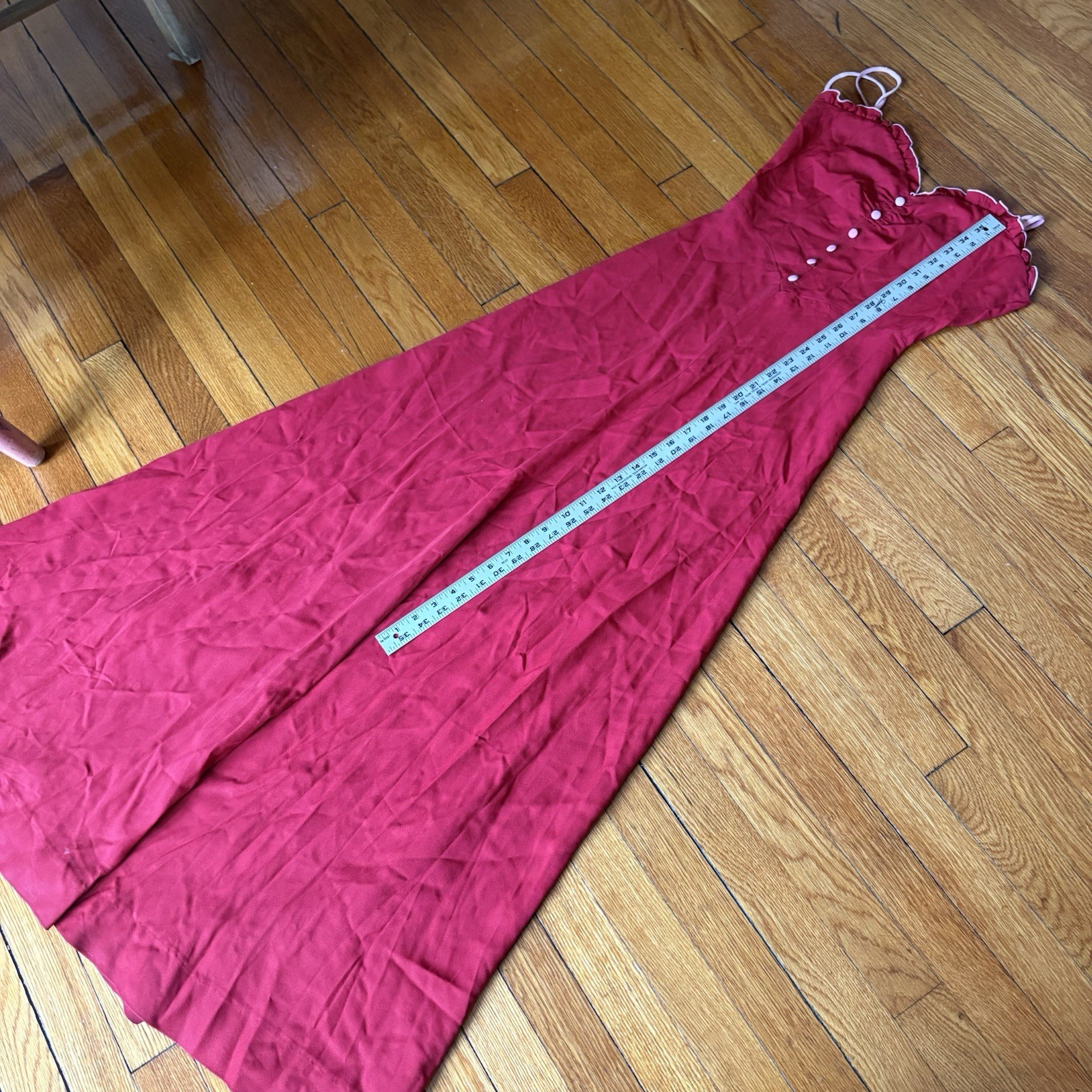 Vintage 1970s Foxy Lady Red Maxi Dress Women’s Ruffled Gown Acetate Nylon Blend