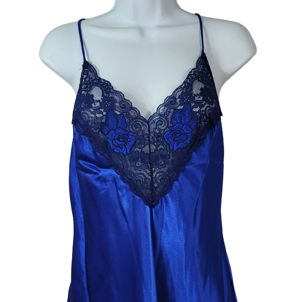 Val Mode Satin Chemise Slip Blue Medium Lace Trim Lingerie Nightie USA Vintage