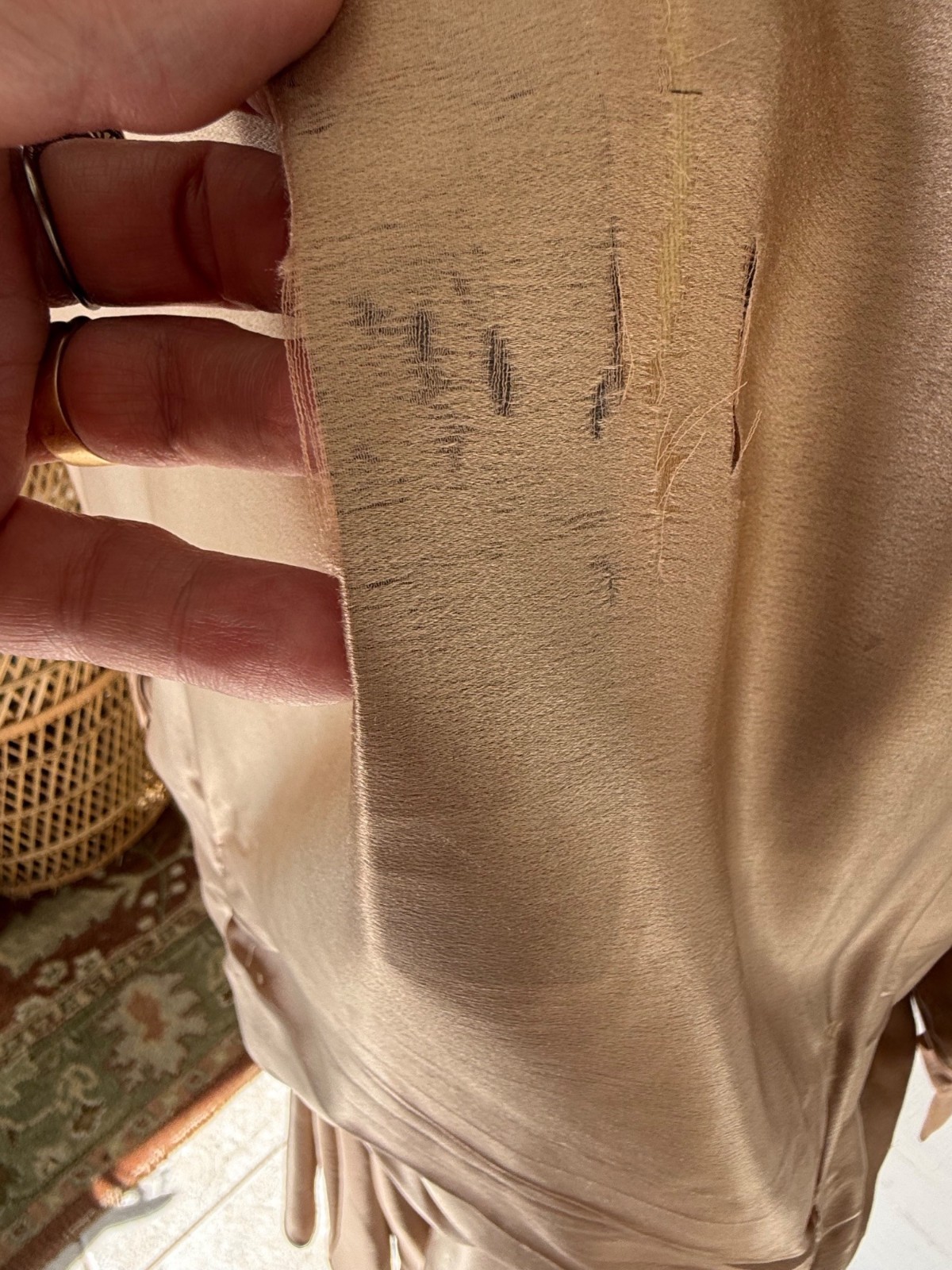 Antique 1920s Tan Silk Flapper Dress With Lace Yoke AS IS TLC Size M