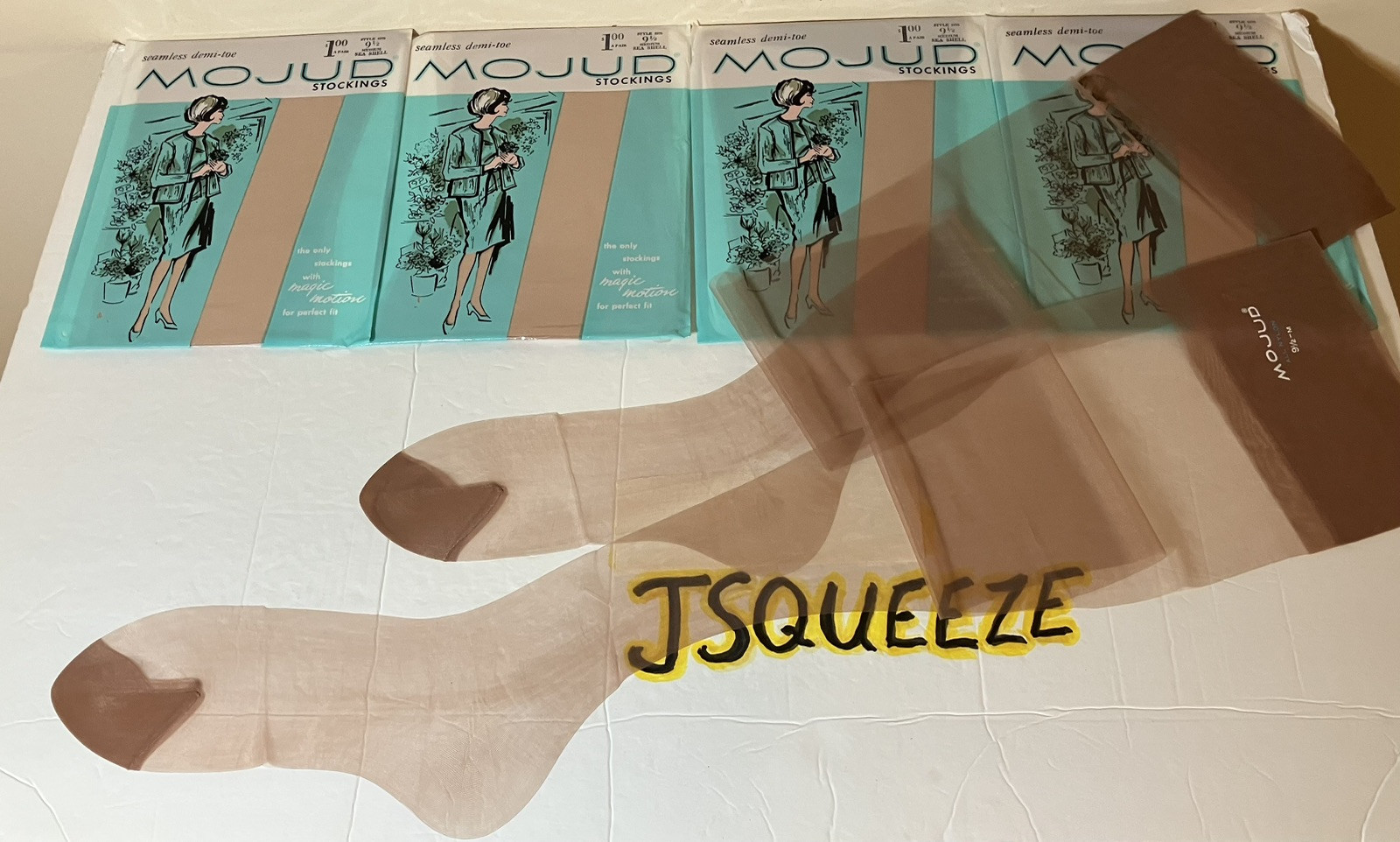 5 Pair VTG FLAT KNIT MOJUD MAGIC MOTION NYLON STOCKINGS GARTER HOSIERY 9 1/2×32”