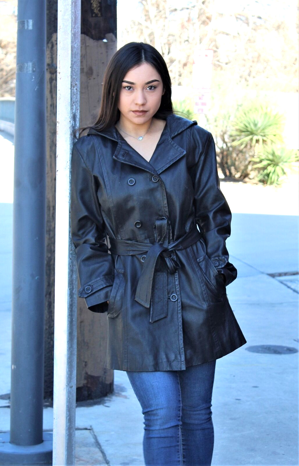 Vintage 80s Giorgio Sant Angelo Hooded Leather Short Trench Coat S Women