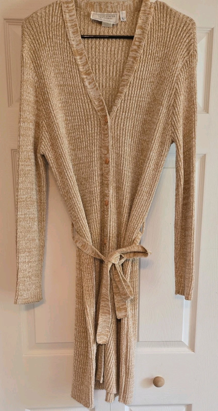 United States Sweaters maxi Dress Rib Knit Button Split Front Sz L belt beige