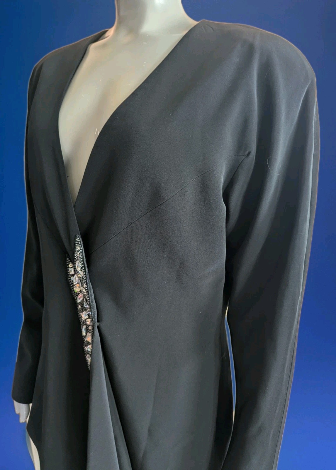 Vintage 80s D&rsquo;ore Black Draped Jacket w/Rhinestone Accent Draped Fold 16