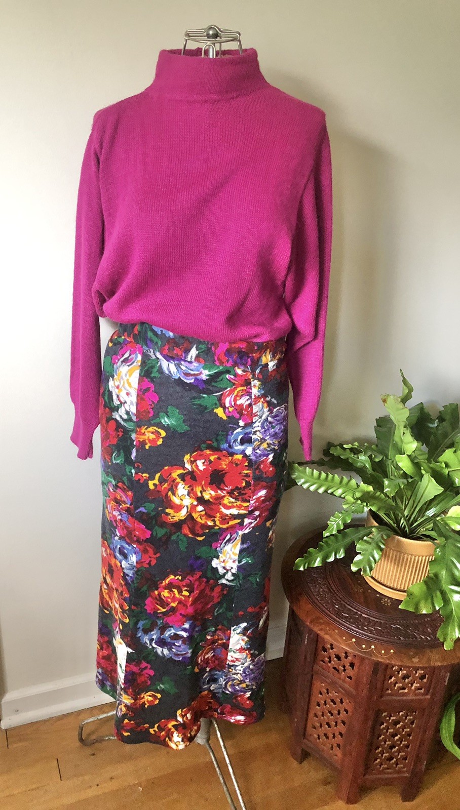 Vintage Kenzo Paris Bright Floral Wool Midi Skirt