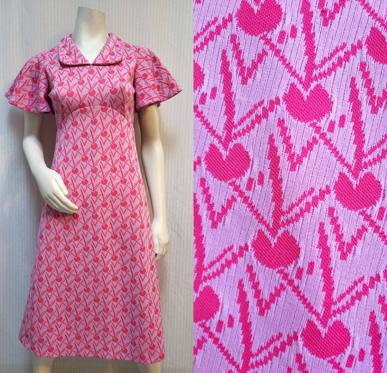 Vintage 1960s Hot Pink Cherry/Heart Double Knit Dress – Size S – EUC