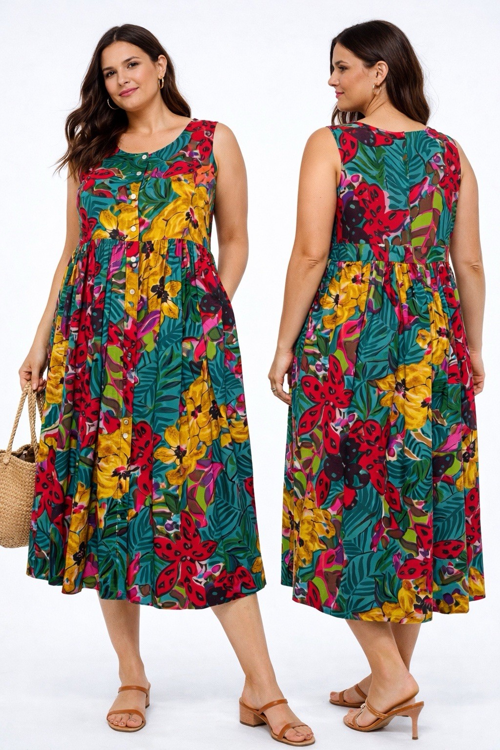 Vintage 90’s SITA Nepal Bold Floral Cotton Button Down Babydoll Midi Dress Sz M