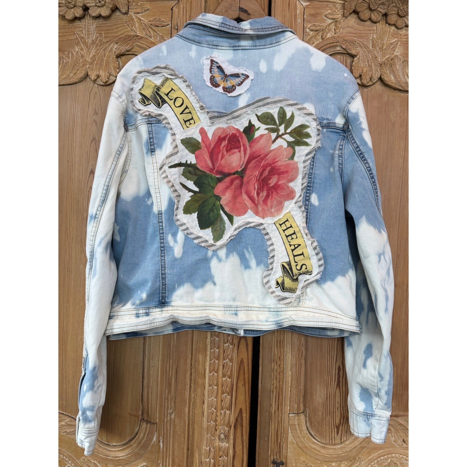 Upcycled Cropped Denim Jacket Roses Love Heals Patch Folk Art Boho XXL