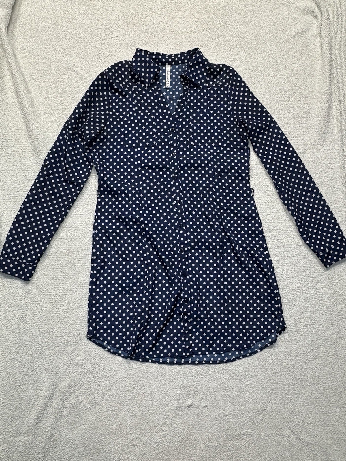 R N B Navy Blue Polka Dot Button Long Sleeve Dress – Size Medium Missing Belt
