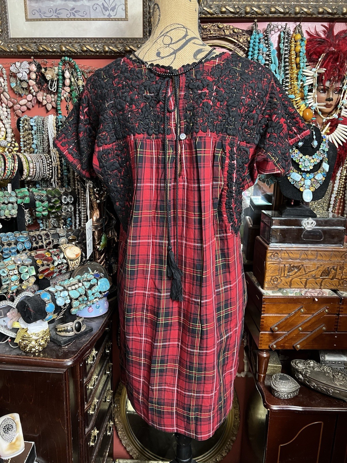 Beautiful Sister Mary Oaxaca Red & Black Plaid Black Embroidery & Crochet ML