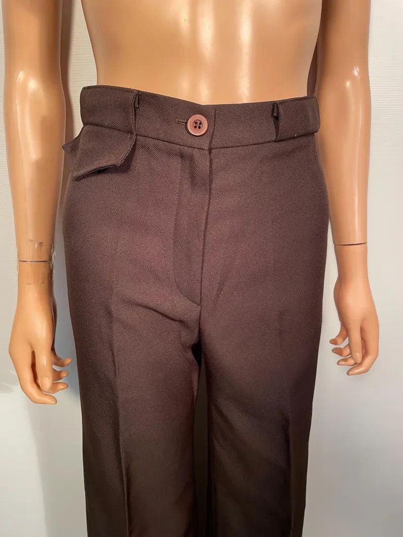 Vintage 1970s Brown Polyester Sears Jr Bazaar Bell Bottoms Wide Leg Pants 26 W