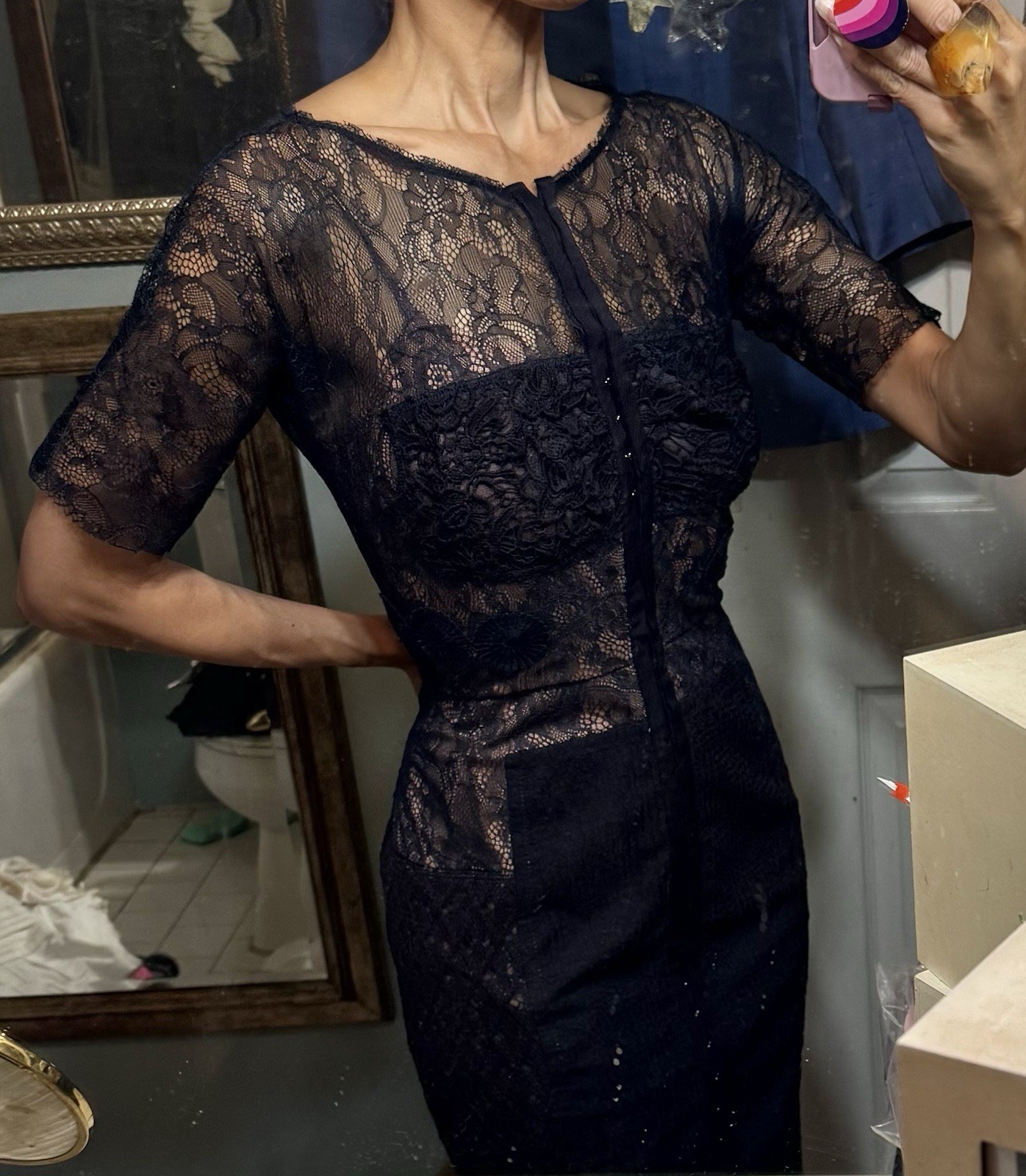 Vtg Byron Lars Navy Blue Stretch Lace Nude Illusion Wiggle Dress Pencil S M