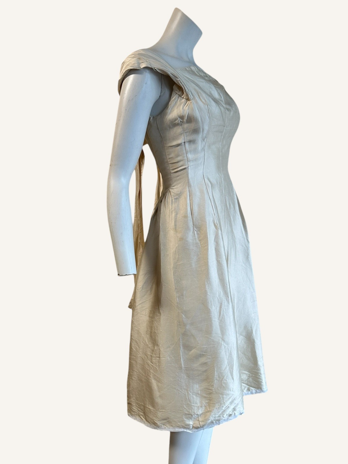 1950s Raw Silk Cream A line Evening Dress As Is Bateau Neckline Drop Waist