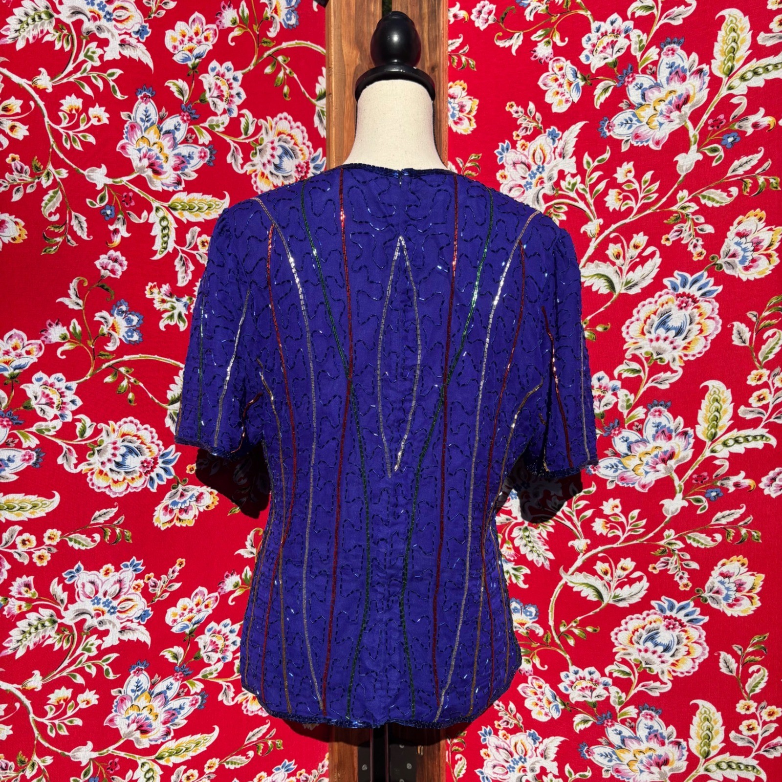 VTG 90&rsquo;s 100% Silk Blue Beaded Multicolor Boho Chic Glam Blouse Women&rsquo;s Size L