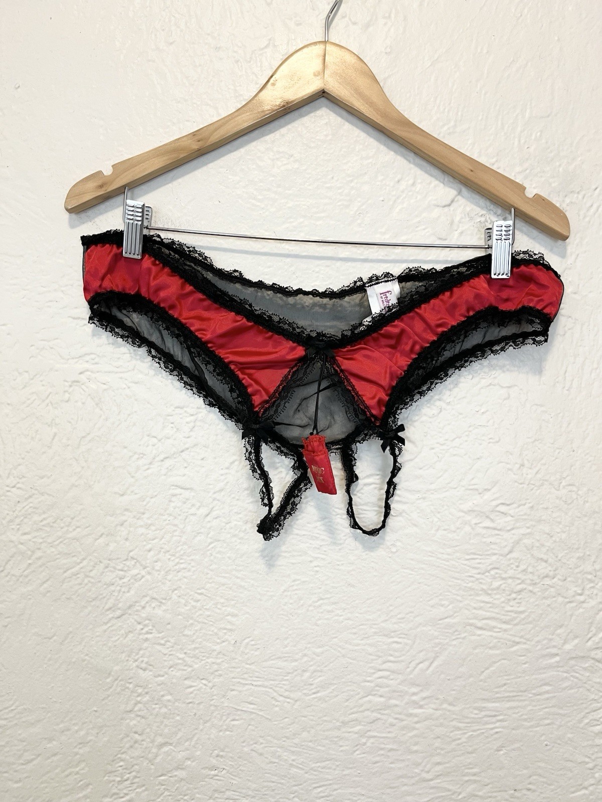 Vintage 90&rsquo;s Fredericks of Hollywood Panties Crotchless Black Red Satin Sheer OS