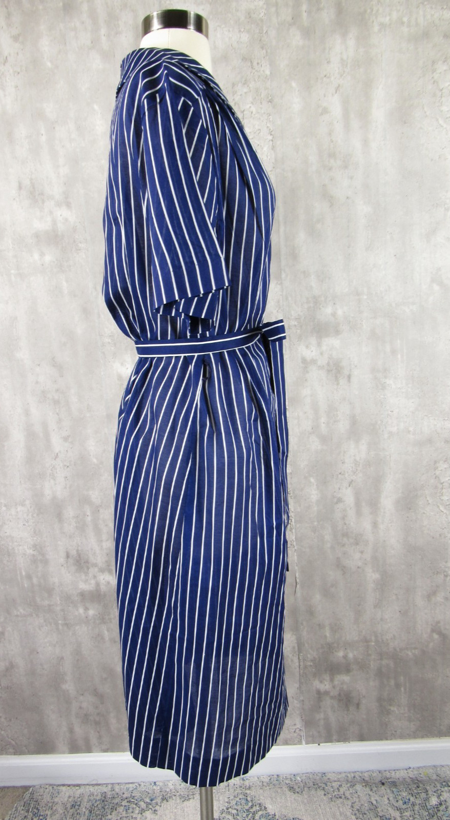 Vintage 40s 50s NEW NOS Blue White Striped Cotton Shirtdress Belted XL Bust 50&Prime;