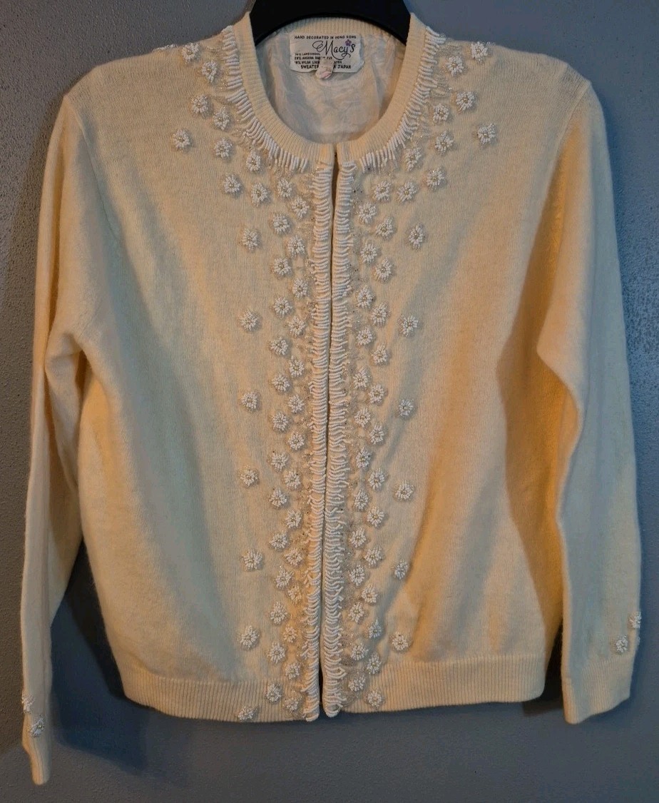 Vintage Macy&rsquo;s Ivory Hand Beaded Cardigan Size 42 Made In Japan